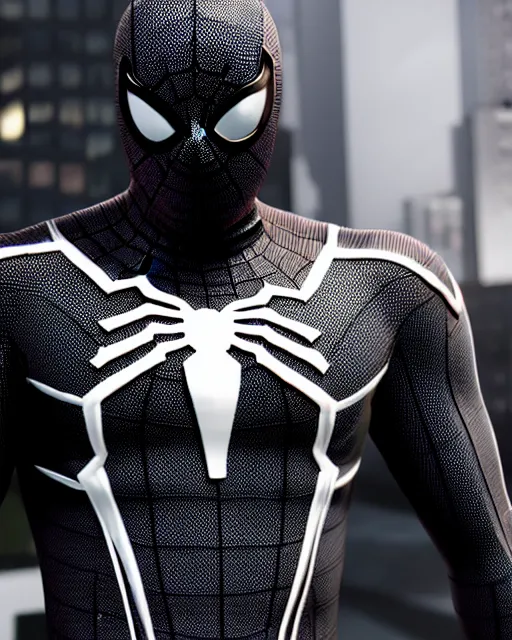 Image similar to photorealistic, hyperdetailed sketch of black spider - man suit with white webbing by insomniac games