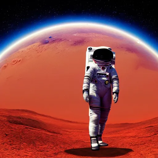 Image similar to A wide angle shot from below of a female astronaut with a feminine body walking with swagger towards camera on mars in an infinite universe , synthwave digital art