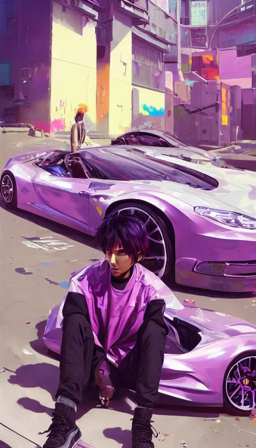 Image similar to A ultradetailed beautiful portrait panting of a graffiti writer from the future with purple hair and streetwear style on a futuristic car, bright sunny day, Oil painting, by Ilya Kuvshinov, Greg Rutkowski and Makoto Shinkai