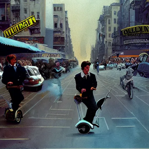 Image similar to a photo by ted nasmith and hans zatzka and quentin tarantino, a y 2 k aesthtic hip scooter messenger driving through a crowded city street