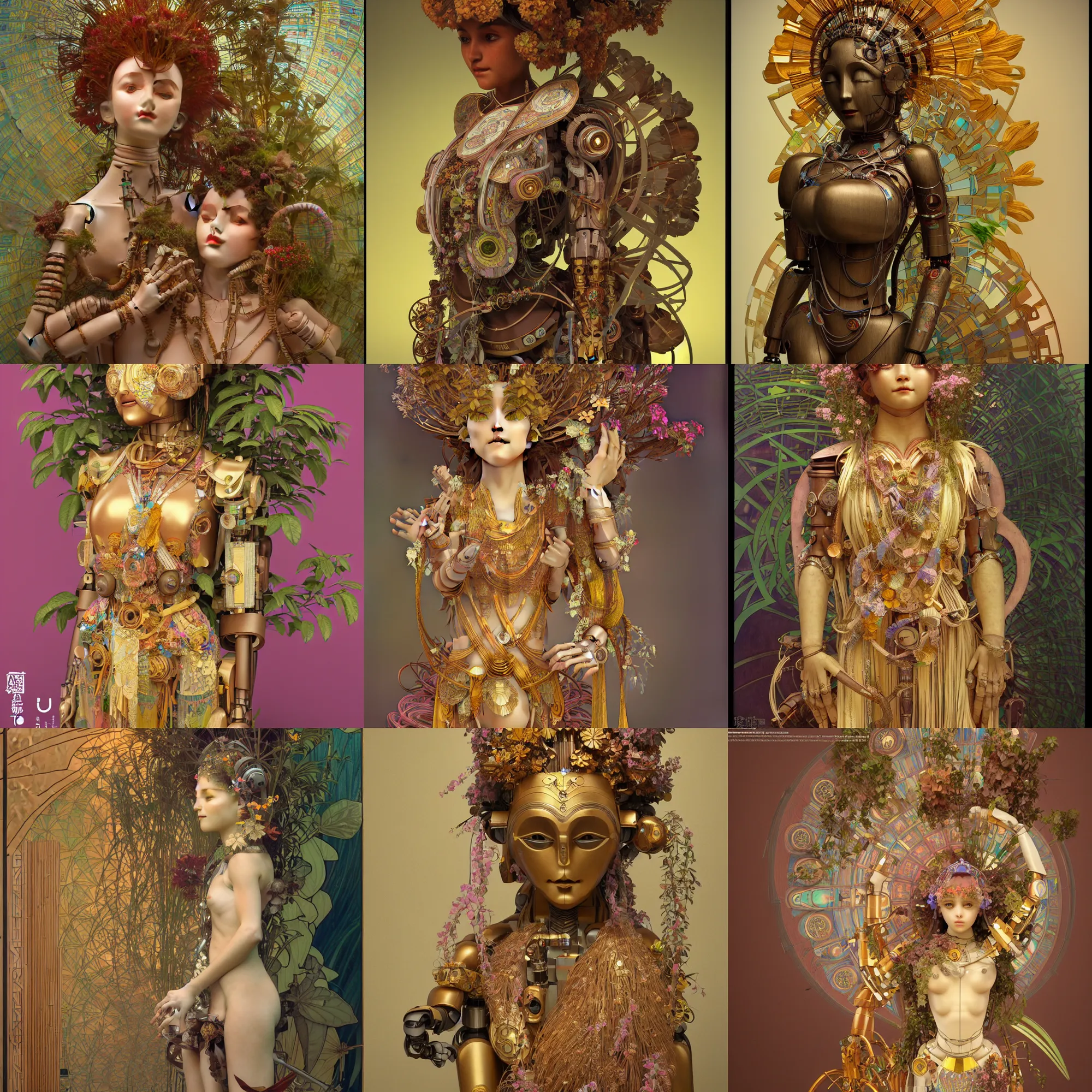 Prompt: 3 d octane render ultra photorealistic 8 k hyper detailed, a very very cute wooden mystical statue robot of the primitive tribal godess vegetal in a contemporary art gallery in neo tokyo artwork by alphonse mucha