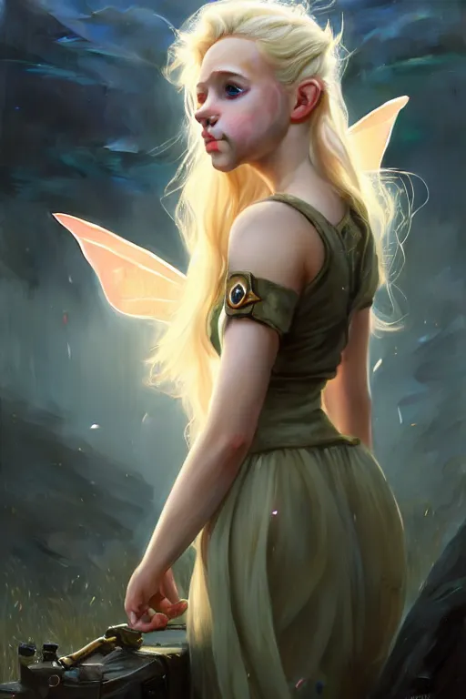 Image similar to cinematic shot of an epic portrait of a cute blonde fairy dressed in military clothes, stylised military clothes, shiny skin, beautiful eyes, beautiful, small details, night setting, realistic poster with volumetric light from craig mallism, artgerm, jeremy lipkin and michael garmash, unreal engine, radiant light, digital art, trends at art station, a masterpiece