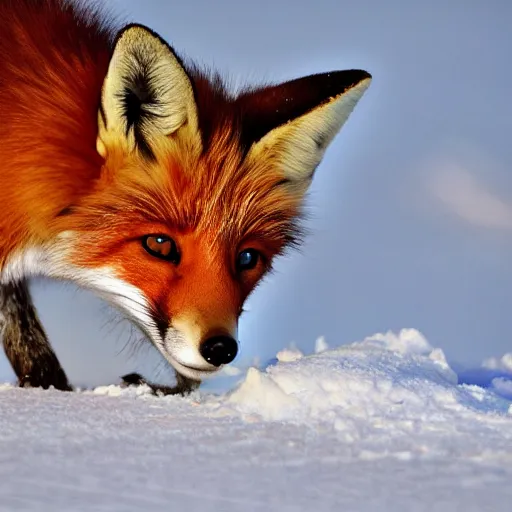 Image similar to Photorealistic photograph of a cute fox in snow by Suzi Eszterhas, photorealism, photorealistic, realism, real, highly detailed, ultra detailed, detailed, 70mm f/2.8L Canon EF IS lens, Canon EOS-1D Mark II, Wildlife Photographer of the Year, Pulitzer Prize for Photography, 8k,