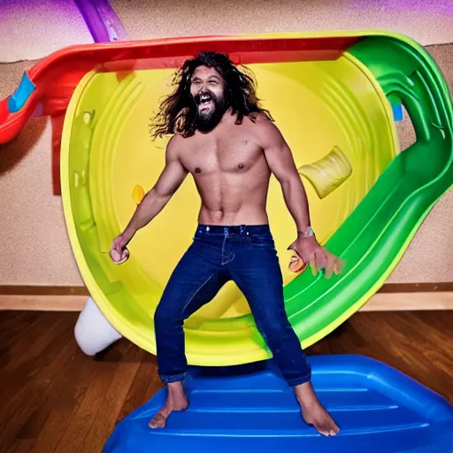 Image similar to A still of a happy, excited Jason Momoa playing on a children's toy slide in a toy commercial, 4k resolution, hyperdetailed, studio lighting