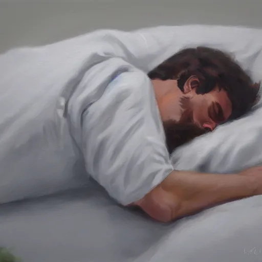 Image similar to Jesus Christ asleep tucked in in his bed, old realistic painting trending on artstation