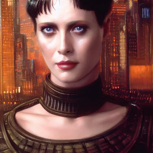 Image similar to an portrait of an happy female replicant from blade runner, detailed, centered, digital painting, artstation, concept art, donato giancola, Joseph Christian Leyendecker, WLOP, Boris Vallejo, Breathtaking, 8k resolution, extremely detailed, beautiful, establishing shot, artistic, hyperrealistic, beautiful face, octane render