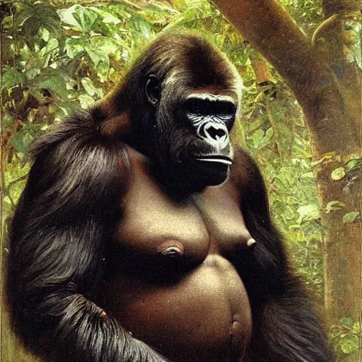 Image similar to highley detailed potrait of a silverback gorilla, painting by gaston bussiere, craig mullins, j. c. leyendecker, lights, art by ernst haeckel, john william godward, hammershøi,