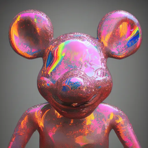 Prompt: counterfeit mickey mouse head, fractal, broken, psychedelic dystopia, fractured, melting, wet, mycelium, radiant alien, rococo, baroque, automotive, bio-mechanical, porcelain, iridescent, sub surface scattering, unreal engine 5