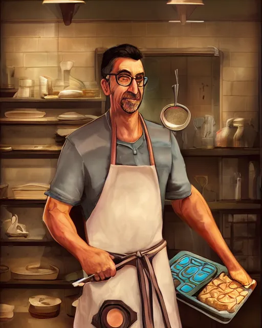 Image similar to Half Life Gman at home wearing an apron baking cookies, concept art, by Ross Tran