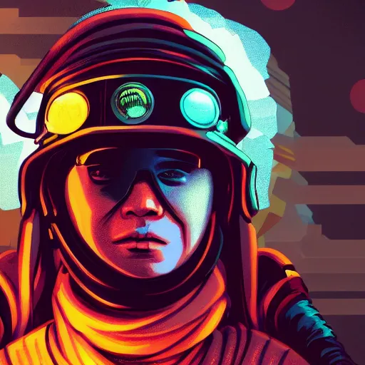 Prompt: in the style of deathburger and laurie greasley a close up of a young explorer wearing a cyberpunk headpiece with an orange visor, highly detailed, 8k wallpaper