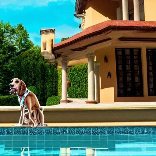 Image similar to a very detailed photo of a dog ( smoking a cigar ) outside the mansion by the pool