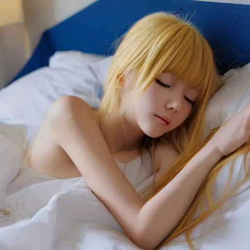 Image similar to cute young anime kawaii girl blonde hair sleeping on bed early morning full HD 4K highest quality realistic beautiful gorgeous natural