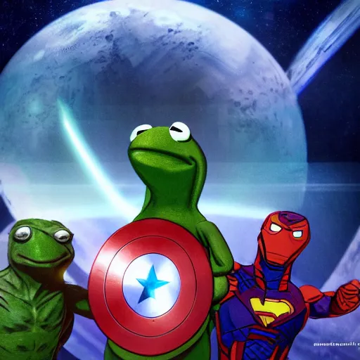 Image similar to the avengers battle one kermit the frog in space, galaxy, hd, 8 k, explosions, gunfire, lasers, giant, epic, showdown, colorful, realistic photo, unreal engine, stars, prophecy, epic oil painting, powerful, diffused lighting, destroyed planet, debris, justice league, movie poster, violent,