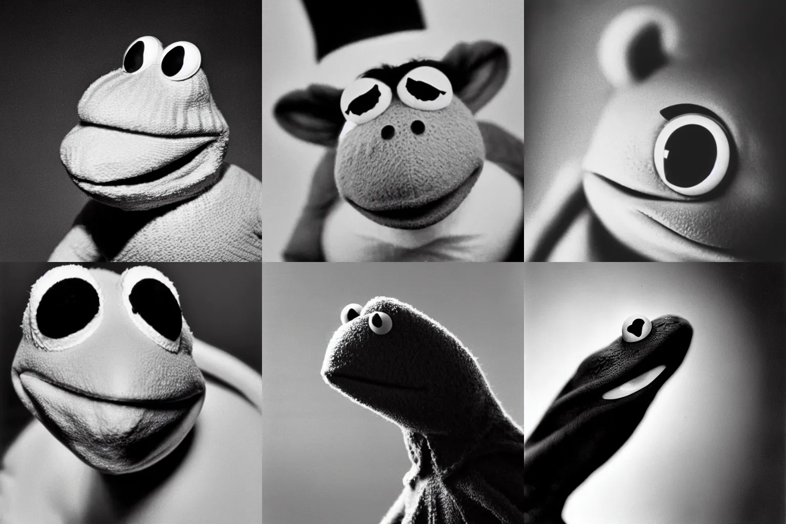 Prompt: A close-up, black & white studio photographic portrait of Kermit the Frog, dramatic backlighting, 1973 photo from Life Magazine