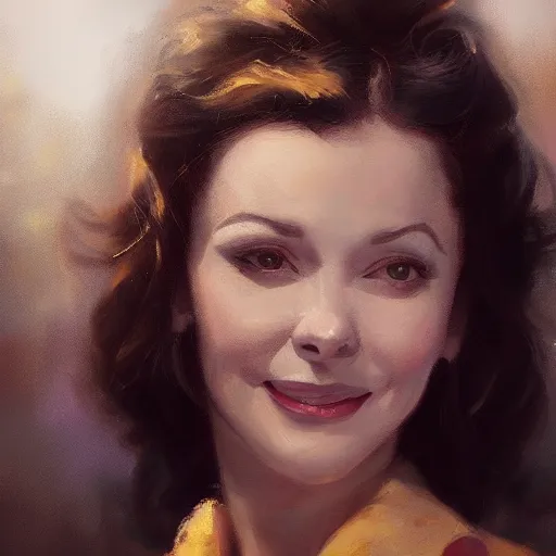 Prompt: closeup portrait of a young vivian leigh, bright smile, chiaroscuro, city background, golden hour, dramatic lighting, complementary contrast, high detail, painted by greg rutkowski, painted by igor kieryluk, trending on artstation