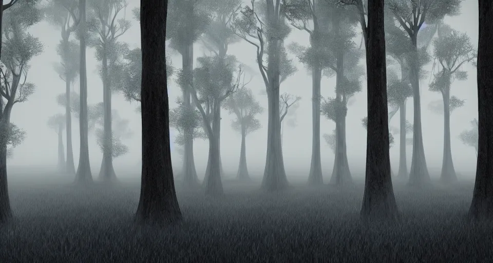 Prompt: a 3d render of a creepy foggy forest with twisted trees, by pixar and tim burton