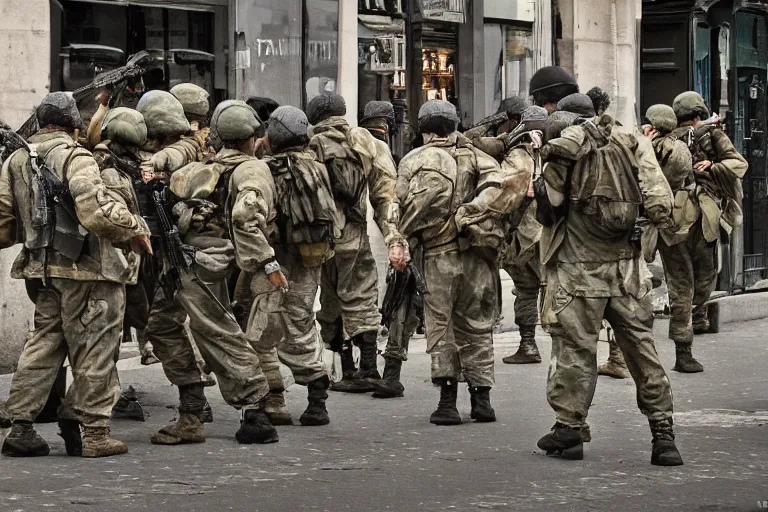 Image similar to soldiers fighting in the street of Paris, photography photorealism, photojournalism