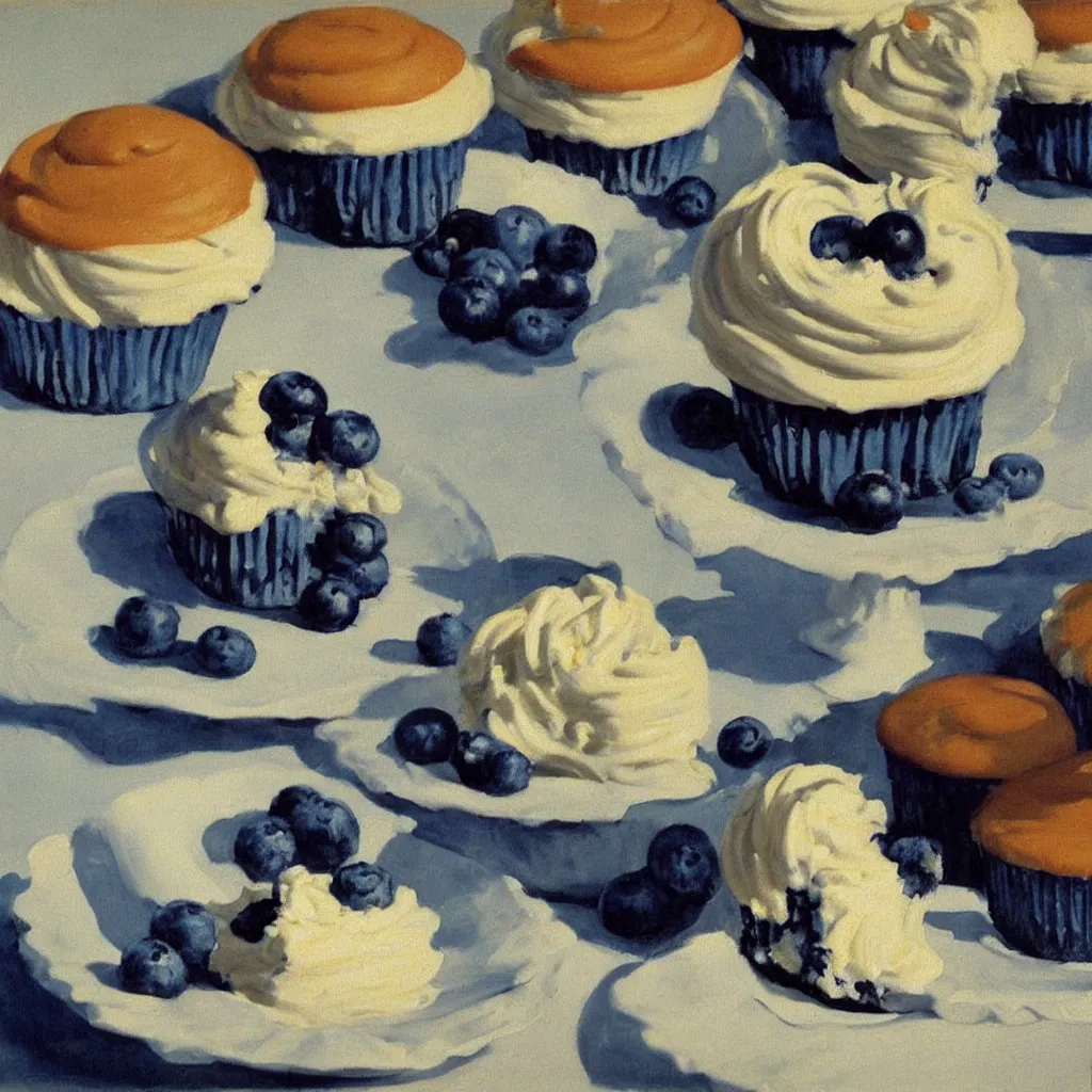 Prompt: painting of blueberry cupcakes with creme topping by Edward Hopper