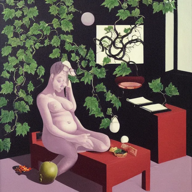 Prompt: a female pathology student in her apartment, wild berry vines, pig, black walls, ikebana, snakes, black armchair, sculpture, acrylic on canvas, surrealist, by magritte and monet