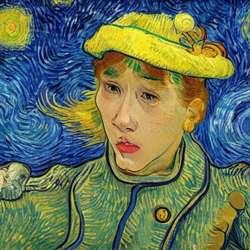 Image similar to a romantic girl on the roof of the house in rotterdam looks at the stars, in the windows yellow light, painting by wang gogh