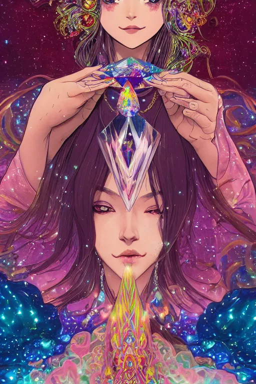 Image similar to psychedelic, intricate, highly detailed, anime, 4k, beautiful seductive woman holding a crystal containing the universe, with professional makeup, long trippy hair, surrounded by gems, underneath the stars, trending on patreon, deviantart, twitter, artstation, volumetric lighting, heavy contrast, by artgerm and Ilya Kuvshinov and alphonse mucha