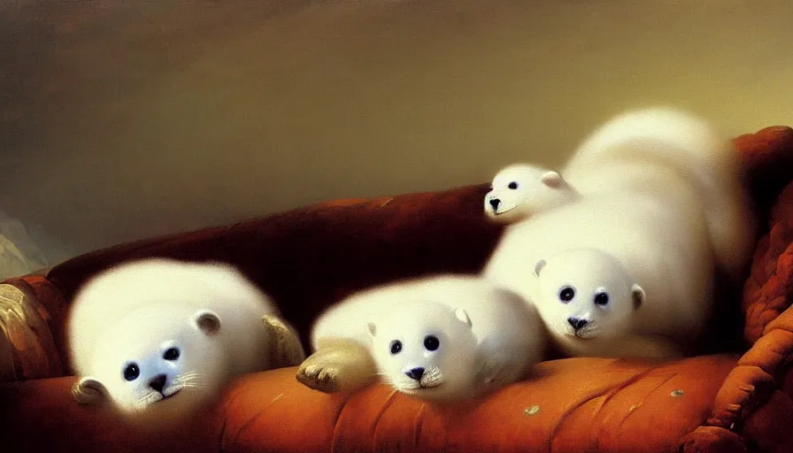 Image similar to highly detailed painting of cute furry white baby seals cuddling up on a brown leather sofa with ice by ivan aivazovsky, thick brush strokes and visible paint layers, 4 k resolution, lounge background