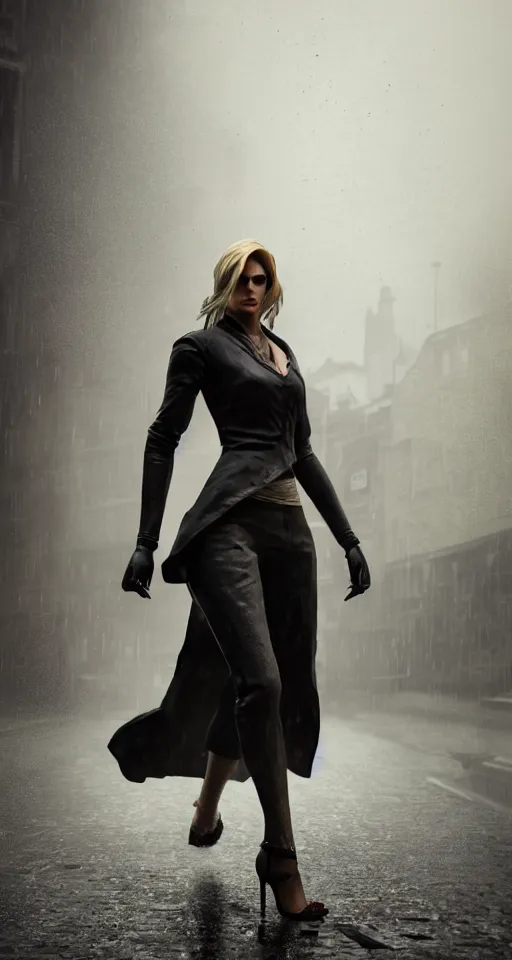 Image similar to beautiful model annie leonhart running on high heels with open toe in dunwall city, beautiful face, detailed face, cinematic lighting, rainy weather, melancholy atmosphere, volumetric light, octane render, dishonored 1, gothic architecture, realistic reflections, octane render 8 k, model agency