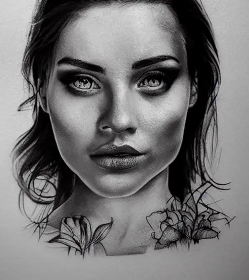 Image similar to tattoo design sketch of an extremely beautiful woman face next to a faded background of beautiful mountains on her side, hyper - realistic, double exposure effect, in the style of matteo pasqualin, amazing detail, black and white, faded