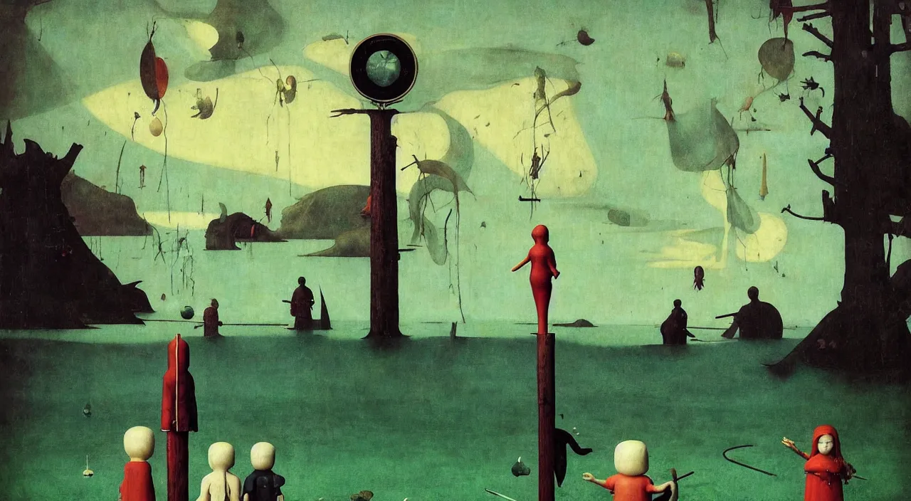 Image similar to single flooded simple!! doll totem!! pole, very coherent and colorful high contrast masterpiece by norman rockwell franz sedlacek hieronymus bosch dean ellis simon stalenhag rene magritte gediminas pranckevicius, dark shadows, sunny day, hard lighting