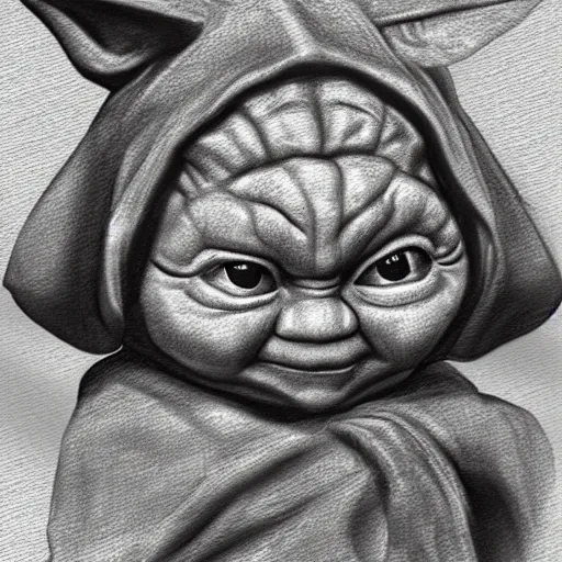 Image similar to Leonardo DaVinci grayscale pencil sketch of low polygon cute baby yoda