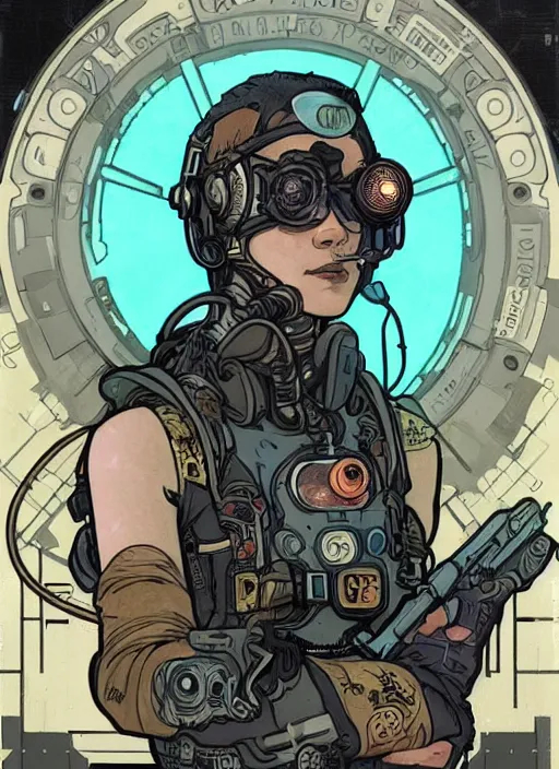 Image similar to cyberpunk deep sea diver. portrait by ashley wood and alphonse mucha and laurie greasley and josan gonzalez and james gurney. splinter cell, apex legends, rb 6 s, hl 2, d & d, cyberpunk 2 0 7 7. realistic face. character clothing. vivid color. dystopian setting.
