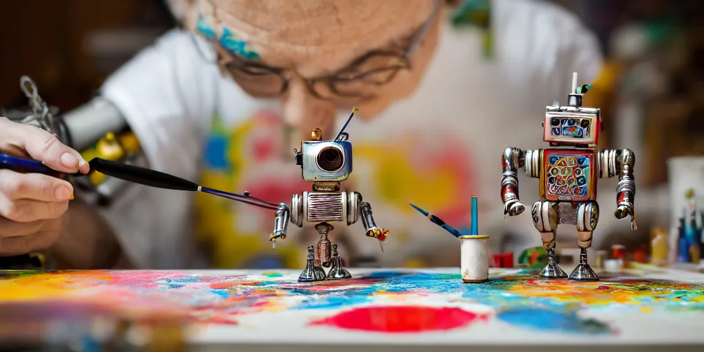 Image similar to closeup portrait of tin toy retro robot painter mixing gouache on white paper table in an artist workshop, depth of field, zeiss lens, detailed, centered, fashion photoshoot, by nicoletta ceccoli, mark ryden, lostfish, breathtaking, 8 k resolution, extremely detailed, beautiful, establishing shot, artistic, hyperrealistic, octane render