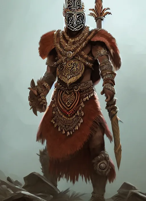 Image similar to a highly detailed illustration of tribal masked aztec warrior wearing brown robe, heroic fist pose, intricate, elegant, highly detailed, centered, digital painting, artstation, concept art, smooth, sharp focus, league of legends concept art, wlop.