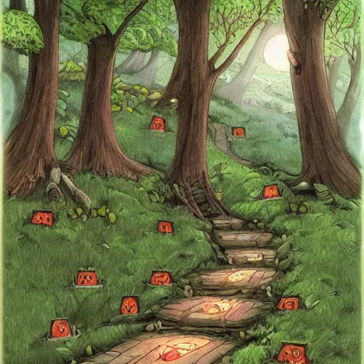 Image similar to a path through a forest with lots of books, a storybook illustration by pamela ascherson, pinterest, fantasy art, storybook illustration, enchanting, whimsical