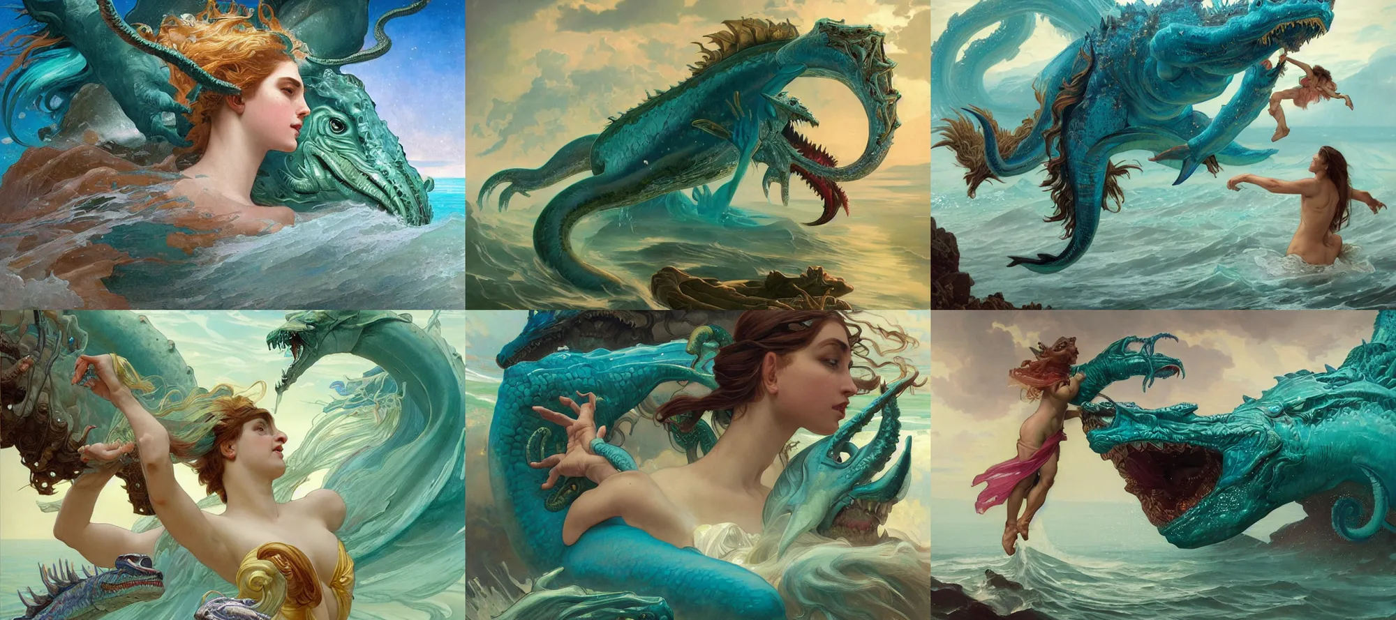Prompt: Classical painting of Andromeda being eaten by a big turquoise sea monster. She is already half devoured by the enormous mouth of the sea monster. Elegant, intricate, digital painting, artstation, concept art, smooth, sharp focus, illustration, art by artgerm and greg rutkowski and alphonse mucha