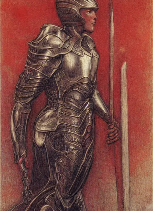 Image similar to malenia from elden ring drawn by jean delville, armor, red hair, full body portrait, icarus helmet