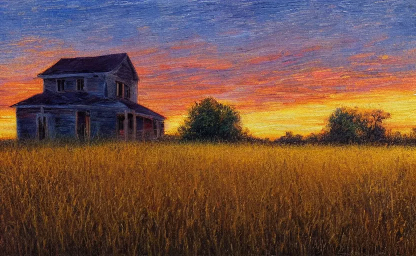 Prompt: an abandoned house in a dry grass field at sunset, impressionist painting, oil on canvas, golden hour, beautiful lighting