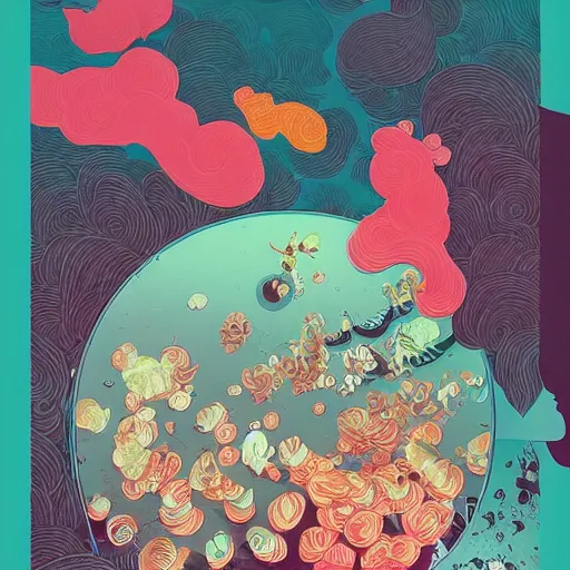 Image similar to illustration of to pout, in colors # 1 1 3 4 a 6, # 7 3 c 2 fb, # 6 6 9 3 fs, # 9 8 fb 9 8, # 0 1 7 9 6 f, by studio multi and victo ngai