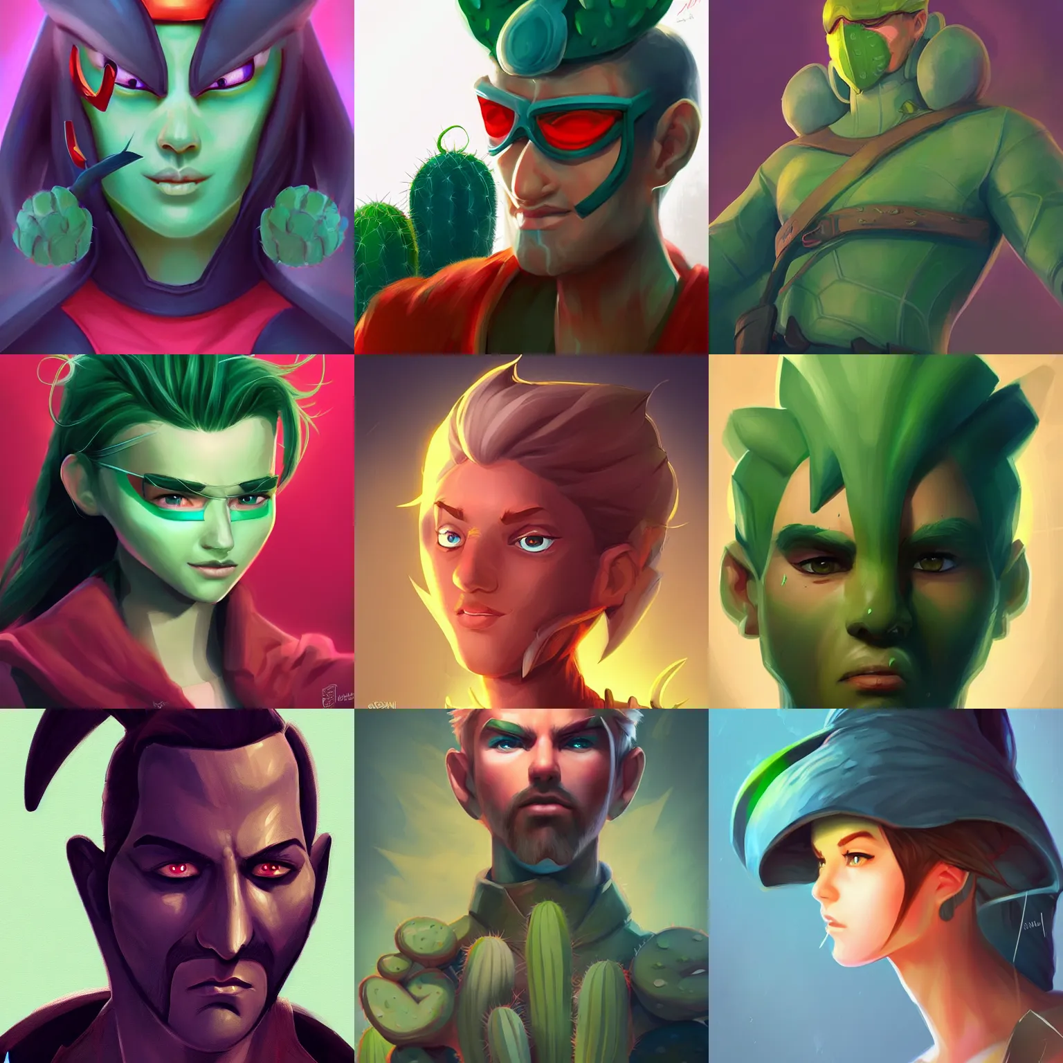 Prompt: character concept portrait, cactus hero, digital painting, concept art, smooth, sharp focus, illustration, artgerm