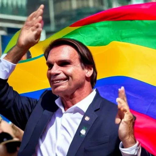 Image similar to photograph of president jair bolsonaro waving a rainbow flag at a pride parade