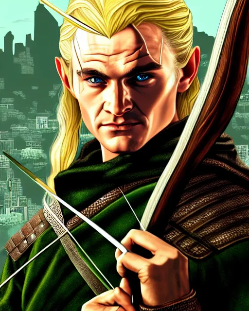 Image similar to Legolas from Lord of the rings in GTA V, Cover art by Stephen Bliss, boxart, loading screen, 8K resolution