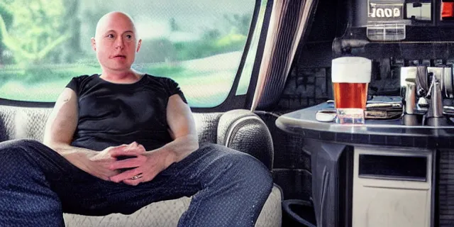 Image similar to full distant shot of bald elon musk in a tracksuit drinking beer in the couch in a dirty trailer, by ken loach