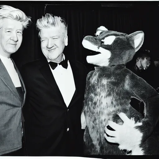 Prompt: David Lynch hanging out with fursuiters at a furry convention, 35 mm, film photo