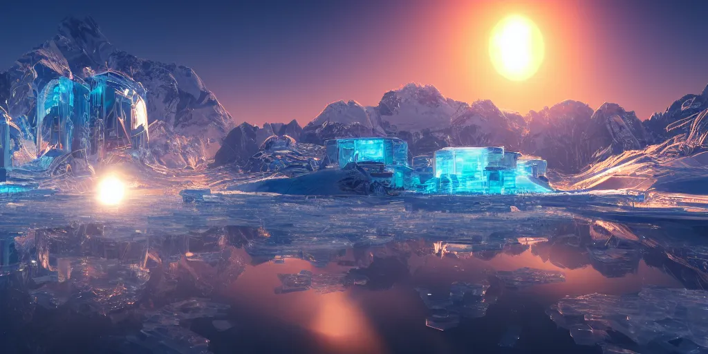 Image similar to futuristic reflective ice city, sunset glowing off a mountain in background, busy waves, ray tracing, refractive, planet in the sky, award winning, trending on artstation, digital art. highly detailed 8 k. intricate. lifelike. soft light. nikon d 8 5 0.