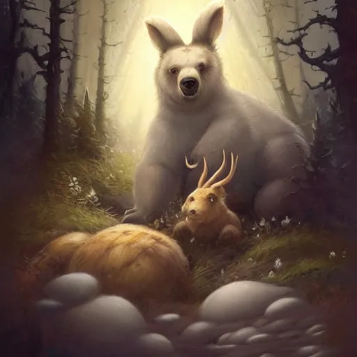 Prompt: a creature that is a hybrid between a bear and a bunny with golden brown antlers. Jordan Grimmer. Peter Mohrbacher. George Stubbs