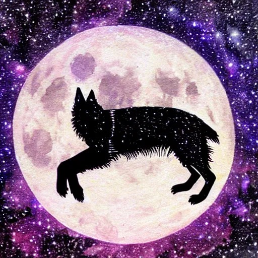 Prompt: black wolf made of smoke going into the night sky full of stars and a full moon, dramatic, in the style of ben jeffery