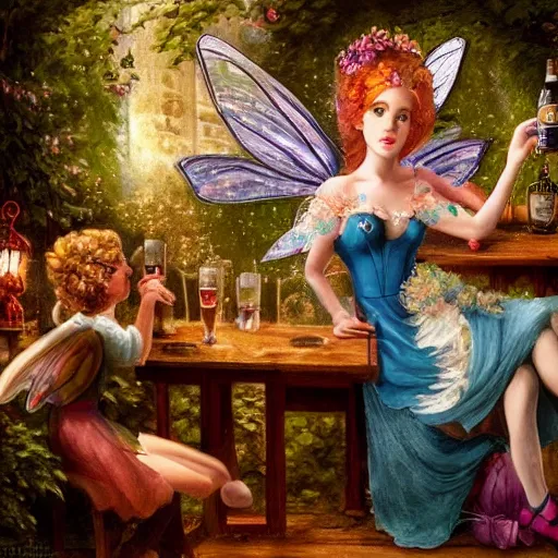 Prompt: A cute fairy visiting a British pub, on canvas, hyperdetailed, high quality, 4k, full view