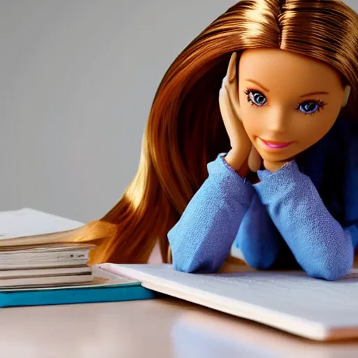 Image similar to a barbie doll with an exhausted!!!! expression sits at a desk in her home. the desk is overflowing with several large stacks of paper. her head is resting on her hand, photorealistic,