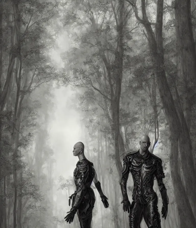 Prompt: portrait of a 1 5 foot tall, muscular, bald, smooth, extremely pale, androgynous humanoid with a perfectly symmetrical face, fully dressed in black body armour, in the background is a dense and foggy forest of trees, intricate detail, smooth, sharp focus, monochrome, high contrastl, art by artgerm and greg rutkowski,