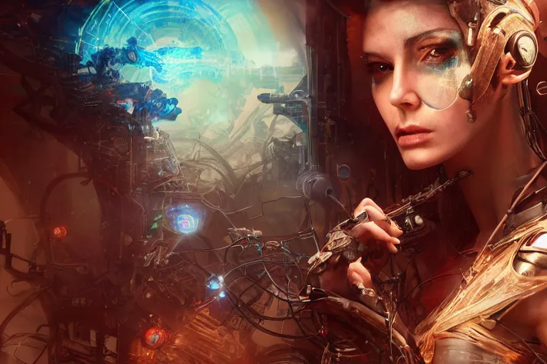 Image similar to a centered photo of a mystical post apocalyptic cyborg playing with modular synthesizers in the most complicated fractal and technical musical studio, powerful, cinematic, beautifully lit, by artgerm, by karol bak, 3 d, perfect face and body, trending on artstation, octane render, 8 k